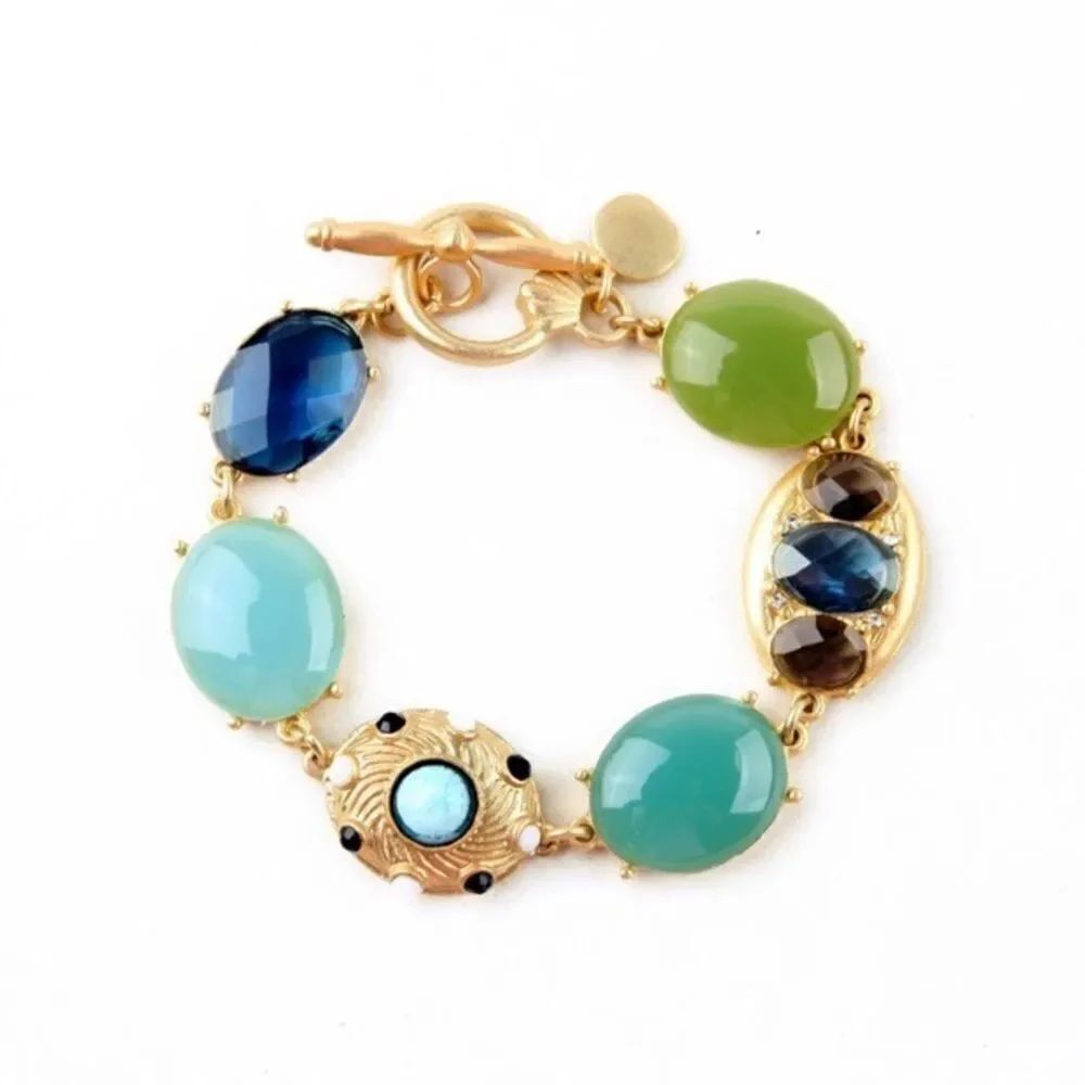 Baroque Cabochon Blue Green Jewel Link Gold Tone Toggle Closure Bracelet NWT
